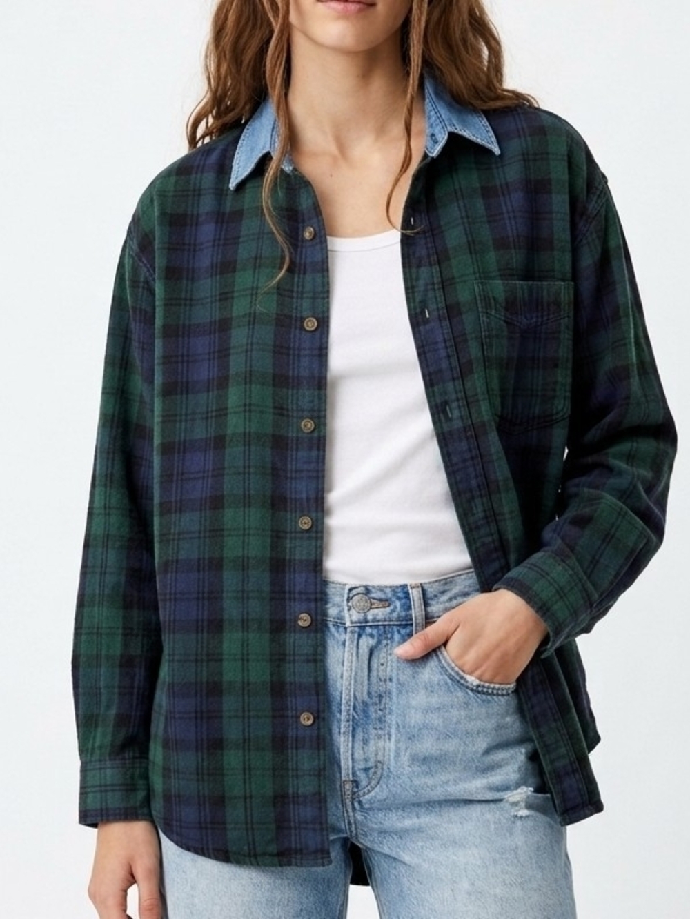 Vintage Classic Denim Collared Plaid Button-Front Shirt In Blue/Green - S
